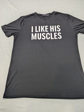 Fancyqube "I Like His Muscles" Graphic Tee Black Short Sleeve Shirt Women's - L
